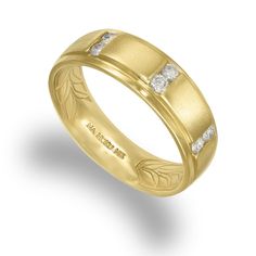 14K Yellow Gold Maile Leaf Band with 0.24 Carats (total weight) of Diamonds. Band width measures approximately 6.75mm.This ring is available in a Size 10. If you wish to order a different size, please request the desired size in the Customer comment field during checkout. Some sizes may require additional delivery time and may result in a higher price. Please note that due to the Maile Leaf design on the inside, engraving space is limited. Palm Tree Jewelry, Hawaiian Heirloom Jewelry, Tahitian Pearls Jewelry, Sea Turtle Jewelry, Pineapple Jewelry, Leaf Man, Sea Life Jewelry, Inlay Jewelry, Turtle Jewelry