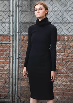 Sleek Fitted Winter Midi Dress, Sleek Fitted Midi Dress For Winter, Fitted High Neck Ribbed Sweater Dress, Fitted Ribbed High Neck Sweater Dress, High Neck Ribbed Midi Dress, Solid High Neck Bodycon Dress For Work, Stretch Ribbed High Neck Sweater Dress, Elegant Ribbed Turtleneck Midi Dress, Elegant Turtleneck Ribbed Midi Dress