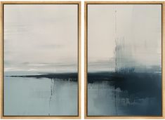 two paintings with blue and white paint on them, one in gold frame the other in black and white