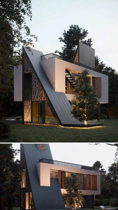 two pictures of a house with stairs going up to the top and below it, in different angles