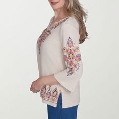 Infuse your style with bohemian vibes in this charming shirt, featuring a medallion-patterned top. Designed with three-quarter bell sleeves and a split neck, it exudes casual elegance. Light embellishments throughout add a touch of whimsy and flair. Crafted from a blend of premium materials, this piece offers comfort and durability for all-day wear.Features: EmbroideredClosure Type: Pullover HeadFit: Regular FitNeckline: Split Crew NeckSleeve Length: 3/4 SleeveApparel Length: 24.5 InchesFiber C… Bohemian Relaxed Fit Half Sleeve Tops, Bohemian Half Sleeve Tops With Relaxed Fit, Bohemian Half Sleeve Tops Relaxed Fit, Bohemian Top With Floral Embroidery And Half Sleeves, Bohemian Beige Tops With Floral Embroidery, Casual Beige Tops With Boho Print, Casual Beige Boho Print Top, Casual Embroidered Top With 3/4 Sleeves, Folk Style V-neck Top With Floral Embroidery