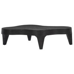 a black coffee table with wooden legs and an oval shaped design on the top, against a white background