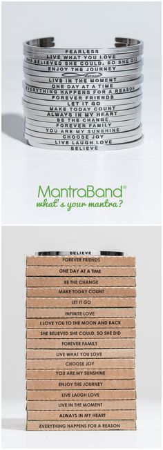 several different types of bracelets with the words mantaband made in your matter written on them