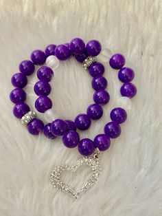 Purple beaded bracelet set of 2 Purple Beaded Charm Bracelet For Friendship, Adjustable Faceted Bead Jewelry For Valentine's Day, Friendship Jewelry With Heart And Round Beads, Adjustable Stretch Bracelet With Heart Charm And Round Beads, Heart Shaped Bracelets With Faceted Beads For Gifts, Trendy Beaded Heart Bracelet For Friendship, Heart Bracelet With Round Beads As Gift, Elegant Beaded Heart Charm Bracelet, Friendship Stretch Bracelet With Heart Beads