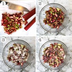 four pictures showing the steps to make rhubarb crumbled fruit salad