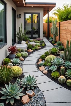 an outdoor garden with cactus and succulents in the front yard, along with a walkway