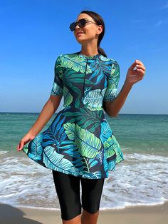 Tropical Print Zip Front Burkini With Short Sleeve,Summer Beach Multicolor Boho  Short Sleeve Fabric Tropical  High Stretch  Women Clothing, size features are:Bust: ,Length: ,Sleeve Length: Burkini Swimsuit, Muslim Swimwear, Hijab Fashion Summer, Boho Tropical, Swimsuit With Shorts, Swimsuits Outfits, Modest Swimsuits, Womens Tankini, Beach Wear Outfits