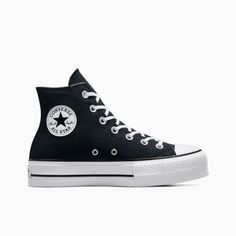 black and white converse high top sneakers with the logo on the bottom, side view