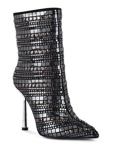 Extravagance Mirror Embellished Stiletto Boots Wrap Shoes, High Ankle Boots, Zipper Heels, Metallic Heels, Stiletto Boots, Style Party, Flat Boots, Tie Shoes, Party Shoes