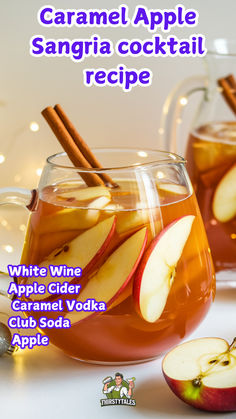 caramel apple sangria cocktail recipe with white wine, apple cider and caramel vodka