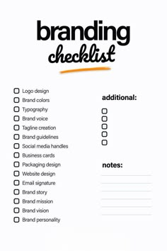 the branding checklist is shown in black and white, with orange writing on it