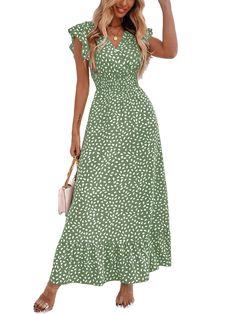 PRICES MAY VARY. V neck,ruffle cap sleeve dot,short sleeve,floral print,dot pattern,elastic high waist, ruffle hem,a-line flowy midi dress for women and girls. Casual and elegant style. cap sleeve ruffle hem a-line flowy elastic waist midi dress made you easy to put on and take off,show off your charming waist line. This boho floral midi dress can be worn alone or paired with a hat, high heels, wedges, earrings, necklaces, sunglasses, ankle chains and jewelry to make you more attractive. Ladies Casual Cap Sleeve Dress With Ruffles, Spring Green Cap Sleeve Dress, Green Cap Sleeve Dress For Spring, Green Cap Sleeve Spring Dress, Birthday Cocktail, Jewelry To Make, Midi Dress For Women, 2025 Wedding, Dinner Night