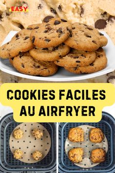 cookies and muffins are being cooked in an air fryer with the words cookies facies au affryer