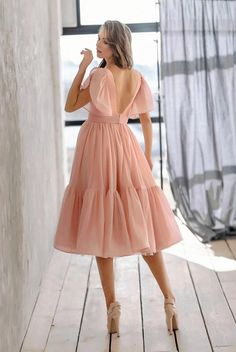 Women Pink Dress Deep V-neck Mid Sleeve Backless Slim Dress Formal Evening Dress Chiffon Anarkali Dress Knee Length, Spring Outfits 2022, Dresses Chiffon, Cute Spring Outfits, Early Spring Outfits, Outfits 2022, Anarkali Dress, Slim Dresses, Formal Evening Dresses