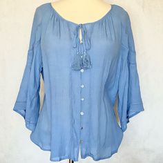 Nwt Adiva Drawstring Woven Peasant Top Is Flowy And Feminine In Allure Blue. 8-Button Front, Tasseled Tie @Neckline, 3/4 Sleeves. Important: Review Approximate Lay-Flat Measurements To Assist With Fit. Runs Large In My Opinion. Armpit To Armpit: 22” Base Of Neckline To Hem: 25” 55% Rayon/45% Polyester Hand Wash Cold/Hang Dry Or Dry Clean See Photos For And Additional Detail And Feel Free To Ask Questions. Bundle 2+ Items For Added Savings. Offers Welcome. Cats Health, Layered Lace Top, Beaded Shirt, Sleeveless Tunic Tops, Floral Peplum Top, Dressy Shirts, Beige Boho, Lace Sleeveless Top, Dressy Blouse