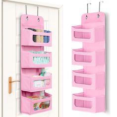 the pink hanging organizer is next to an open door