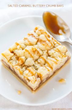 salted caramel buttery crumb bars on a white plate with a spoon