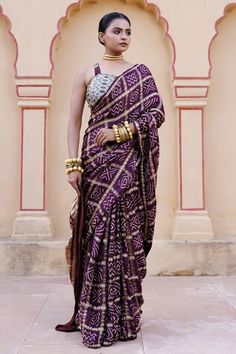 Wine gharchola bandhani gajji silk saree with ajrakh hand block print zari pallu. Comes with ajrakh hand block print matching unstitched blouse piece. - Aza Fashions Gharchola Saree, Gajji Silk Saree, Buy Wine, Hand Block Print, Blouse Piece, Aza Fashion, Silk Saree, Jaipur, Block Print