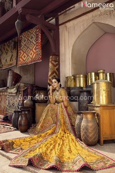 Pishwas Pakistani, Bridal Pishwas, Bridal Frock, Mehendi Dress, Mehndi Dress, Asian Bridal Dresses, Asian Bridal, Mustard Color, Stylish Dress Designs