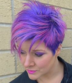 Pink And Purple Pixie Hair, Pink Purple Hair Short, Pink And Purple Short Hair, Short Coloured Hair, Purple Short Hair, Colored Pixie, Purple Hair Short, Pink And Purple Hair, Purple Hair Highlights