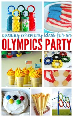 an olympic themed party is featured in this collage with the words opening ceremony ideas for an olympics party