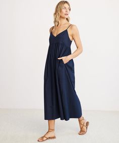 Cove Dress Navy Summer V-neck Midi Dress With Lined Bodice, Chic Fitted Maxi Length V-neck Dress, Cotton A-line Dress For Date Night, Chic A-line Maxi Dress With Lined Bodice, Flattering A-line Summer Maxi Dress, Chic A-line Dress With Slip Pockets, Chic Spring Backless Dress With Fitted Bodice, A-line Midi Dress With Pleated Bodice For Date Night, Casual A-line Dress With Pleated Bodice