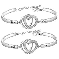 PRICES MAY VARY. Material: stainless steel bracelet, lead free and nickel free. Stainless Steel is hypo allergenic, it doesn’t rust, change colour or tarnish. Size: the “Twin One” & “Twin Two” pendant is 0.4*3 cm., the chain length is 15+3 cm, fits most people’s wrists. Engraved with “Twin One”&“Twin Two”, this elegant and delicate bracelet set makes a special gift for the twins in your life. Life is so much better when you have twin to share the ride. Twin sisters are the perfect best forever f Silver Heart Bracelet For Best Friend On Valentine's Day, Silver Stainless Steel Heart Bracelet For Friendship, Silver Heart Bracelets For Best Friend Gift, Metal Name Bracelet For Mother's Day And Friendship, Heart-shaped Silver Bracelets For Best Friend Gift, Silver Stainless Steel Friendship Jewelry, Silver Name Bracelet For Best Friend And Mother's Day, Silver Heart Bracelet For Best Friend On Mother's Day, Customizable Silver Name Bracelet For Friendship