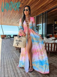 SPECIFICATIONS Material: Polyester Pattern Type: Print Style: Beach Style Age: 25-34 Fit: Fits true to size, take your normal size Cover Up Sleeve, Coverup Swimsuit Cover, Beach Tunic Dress, Beach Outfit For Women, Loose Summer Dress, Backless Dress Summer, Beach Tunic, Long Kaftan, Long Beach Dress