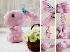 instructions to make a pink bunny stuffed animal with polka dots on it's ears