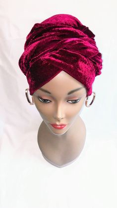 Easy-to-wear plain double hand velvet turban QUALITY: Made from velvet  COLORS: (Other colors available are 2 oranges, 1 royal blue, 1 black, 1 dark brown, 1 white and 1 coral) CAP STYLE: Beautiful pleated velvet cap with 2 long tails/hands that can be styled as above to create the look in the wine colored image when your hair is in a bun or any other way as you please without a bun. PRODUCT UNIQUENESS: this lovely cap is extremely easy to wear for stylish on-the-go ladies and women, simple for Turbans For Women, Head Turban, Velvet Turban, Mad Hatters, Cap Style, Velvet Color, Long Tail, Wine Colored, American Horror