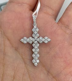 Beautiful Diamond Cross Pendant White Gold.  The diamonds are white and very sparkling.  This cross is a good size, not too big or small.  Excellent craftsmanship, all you see are diamonds showing no metal.  Lays nicely on the neck, won't flip around.  All Diamonds are set very smooth.  The shape is so beautiful.  The bail where the chain goes through has small diamonds set on it.  The cross measures from top of bail down about 37 x 22mm.  The width is about 4.8mm.  This cross is one you will tr Diamond Cross Necklace, Necklace White Gold, Gold Cross Pendant, Diamond Cross Pendants, Diamond Cross, Necklace White, Cross Jewelry, Gold Cross, Magnifying Glass