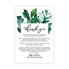 a thank card with green leaves on it