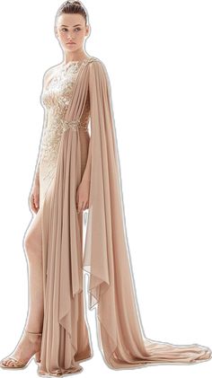 Embellished Draped Wedding Gown, Floor-length Georgette Gown For Gala, Glamorous Draped Wedding Gown, Evening Draped Georgette Gown, Fitted Georgette Gown With Cape Sleeves, Draped Georgette Evening Gown, Glamorous Gown With Sweep Train And Cape Sleeves, Elegant Embellished Draped Gown, Chiffon Floor-length Gown For Gala