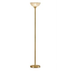 a gold floor lamp with a white light on top and a round shade in the middle