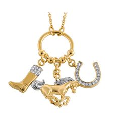 Equestrian Charm Necklace Gold Plated Metal Alloy Set With Sparkling Swarovski Crystals Beautifully detailed galloping horse charm with both gold and rhodium plate, gold plated horse shoe set with Swarovski crystals and riding boot gold plated and also set with Swarovski crystals all hang wonderfully from a gold plated necklace . . A must  have for all horse lovers!     *    Playful and classical unique designs celebrating the natural beauty of flora and fauna in all           seasons.     * Elegant Horseshoe Jewelry With Horse Design, Elegant Horseshoe-shaped Horse Design Jewelry, Gold Horse Design Pendant Necklace, Gold Pendant Necklace With Horse Design, Elegant Gold Jewelry With Horse Design, Galloping Horse, Horseshoe Necklace, Gold Horse, Horse Shoe