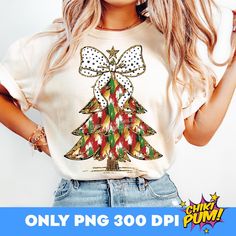 a woman wearing a white shirt with a christmas tree on it and the words only png 300 dpi