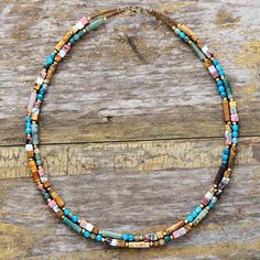 Semi-Precious Stone Seed Beads Choker Necklace.   Approx:  16 inches Since each natural stone is unique (just like you ❤️), colors and... Coast Cowgirl, Collar Hippie, Hawaiian Necklace, Beaded Boho Necklace, Elegant Choker, Stone Choker, Womens Chokers, Crystal Choker, Feather Necklaces