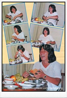 a woman sitting at a table with food in front of her and smiling for the camera