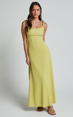 Brie Midi Dress - Scoop Neck Knit Slip Dress in Chartreuse | Showpo USA Yellow Dress With Straight Neckline For Summer, Green Slip Dress With Straight Neckline For Summer, Green Summer Dress With Straight Neckline, Green Spring Dress With Straight Neckline, Chic Green Slip Dress For Summer, Chic Green Summer Slip Dress, Green Sundress For Brunch, Spring Party Sundress With Straight Neckline, Green Maxi Length Slip Dress For Date Night