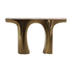 a table with two curved legs and a marble top in gold leaf design, on a white background