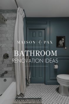 a bathroom with blue walls and tile flooring that says maison de pax bathroom renovation ideas