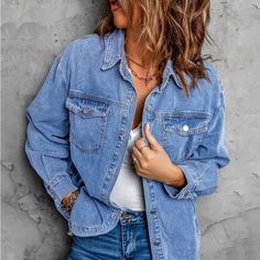 New Boutique Item S 4-6 M 8-10 L 12-14 Xl 16-18 Oversized Fit Medium Wash Relaxed Fit Outerwear For Day Out, Relaxed Fit Medium Wash Outerwear For Day Out, Trendy Washed Blue Button-up Outerwear, Medium Wash Button-up Outerwear For Day Out, Button-up Medium Wash Outerwear For Day Out, Trendy Light Wash Shacket For Fall, Relaxed Fit Denim Blue Outerwear With Pockets, Spring Day Out Shacket With Pockets, Spring Shacket With Pockets For Day Out