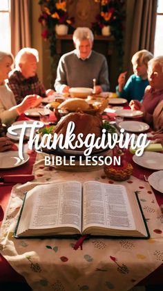 the thanksgiving bible lesson with an image of people sitting at a table