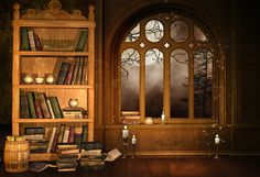 an old library with books and candles in front of a large window filled with fog