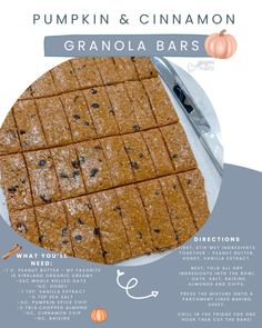 pumpkin and cinnamon granola bars on a sheet of parchment paper with text overlay