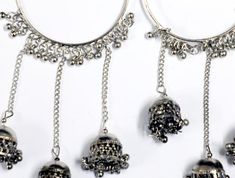 Tribal Afghan Belly Dancing Long Earrings in Silver Tone | Jewelry | Silver | Gift, Indian, Handmade Silver Beaded Dangle Earrings For Festivals, Dangle Earrings With Silver Beads For Festivals, Festival Dangle Earrings With Silver Beads, Metal Chandbali Chandelier Earrings For Festival, Silver Fusion Dangle Hoop Earrings, Silver Metal Jhumkas With Latkans, Silver Dangling Charms Earrings For Festival, Silver Festival Earrings With Dangling Charms, Silver Fusion Style Metal Jhumkas