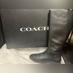 Brand New Never Worn Coach Boots In Original Packing. Black Leather Moto Boots For Walking, Casual Leather Riding Boots, Black Leather Coach Boots, Leather Riding Boots With Almond Toe, Casual Leather Knee-high Waterproof Boots, Coach Leather Boots For Fall, Leather Riding Boots With Round Toe, Leather Waterproof Boots For Riding, Black Leather Waterproof Boots With Removable Insole