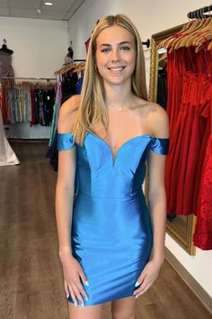 Off the Shoulder Blue Bodycon Satin Short Homecoming Dress Satin Short Dress, Short Satin Dress, Blue Bodycon, Winter Formal Dresses, Junior Prom Dresses, Short Party Dress, Satin Short, Short Homecoming Dress, Short Prom Dress