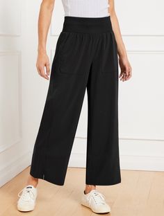 Part of T by Talbots, our most comfortable collection ever! Leisurely, light and ready for your everyday adventures. Elevate your sporty-chic look with these utility-inspired wide leg pants. Features a flattering high waist and side slits at the hem. Lightweight Woven Stretch fabric provides incredible all-day comfort and style. Packable, wrinkle-resistant finish with SunWell UPF 50+ protection. Detailed with patch pockets for all your essentials. Features Wide Leg Hits Above Waist Ankle Length Pull On Closure Front Patch, Back Welt Pockets Side Slit Hem SunWell UPF 50+ Imported Fit: Misses: 27"; Petite: 24 1/2"; Plus: 27"; Plus Petite: 24 1/2" Material: 86% Polyester, 14% Spandex Care: Machine Wash Cold; Only Non-Chlorine Bleach When Needed; Tumble Dry Low; Cool Iron, If Needed | Lightwei Everyday Adventures, Utility Pants, Classic Style Women, Red Door, Sporty Chic, Modern Classic, Upf 50, Welt Pockets, Ankle Length