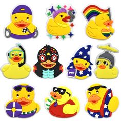 various rubber ducks with hats and sunglasses